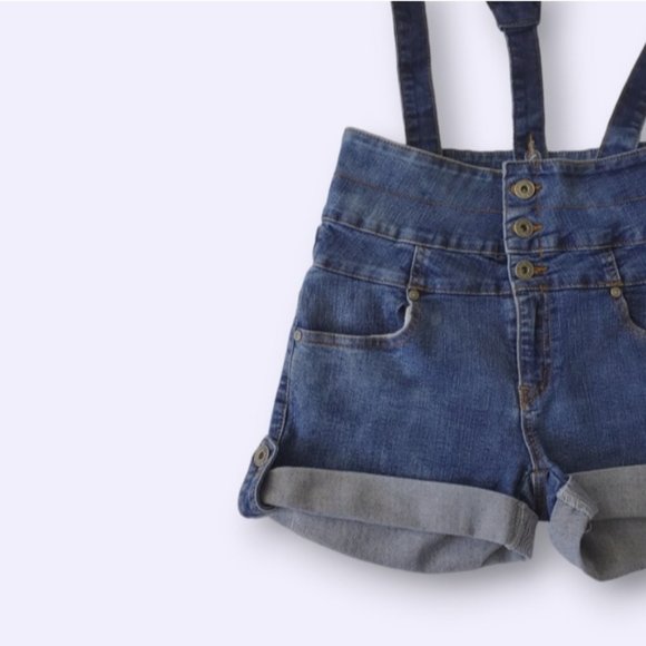 Vintage- Retro High Rise Overall Denim Shorts - Picture 2 of 15